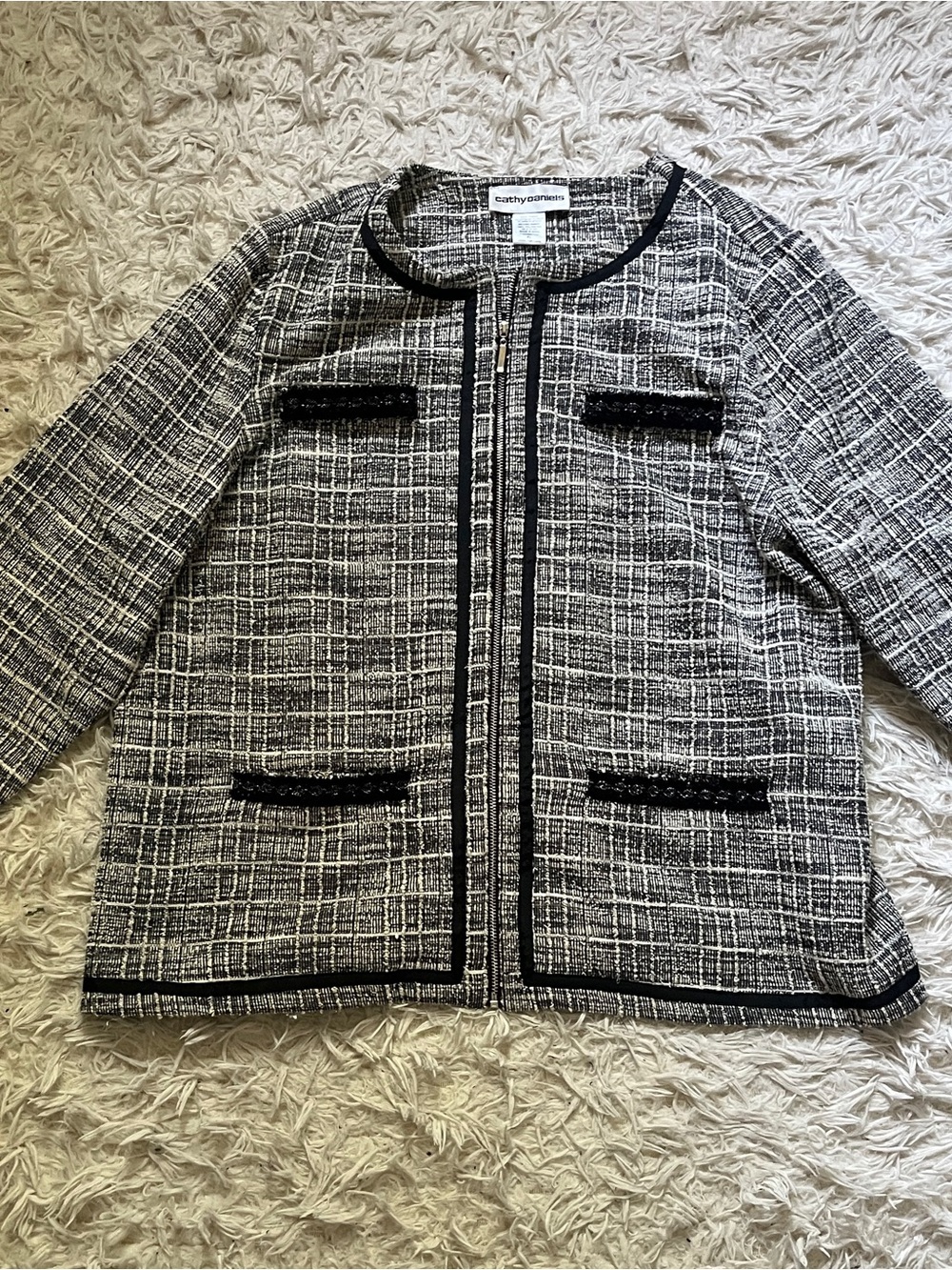 Cathy Daniels Black and White Tweed Collarless Jacket
